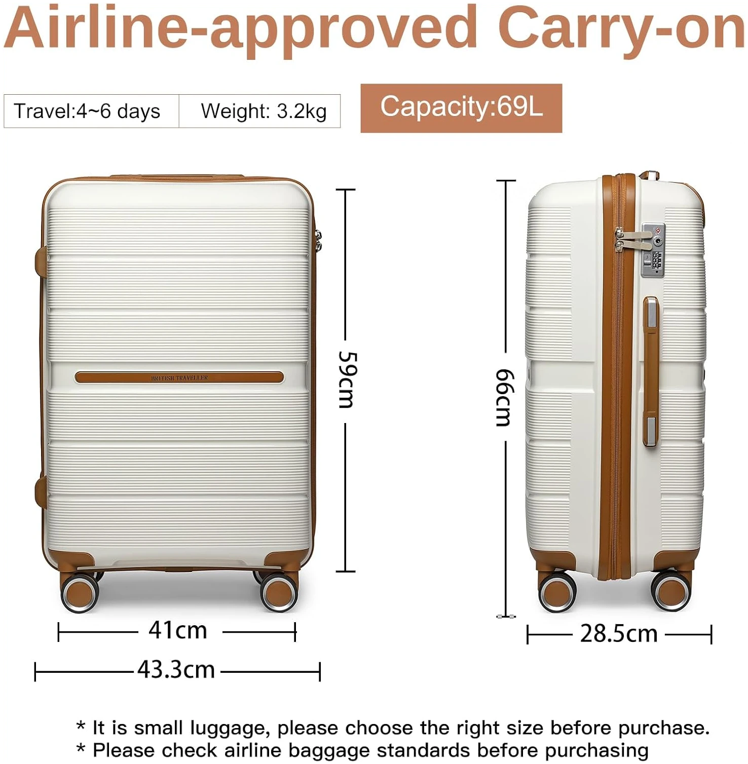 Belle Valise Moyenne Taille British Traveller 69 litres, Rigide, Crème – Image 7