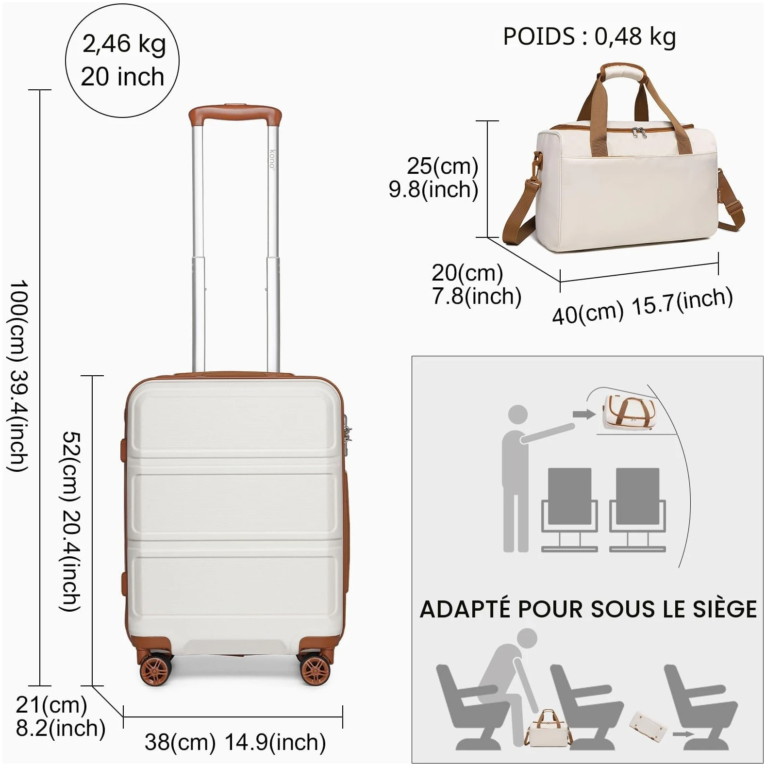 Set de 2 valises Kono rigides cabine 55 cm + sac de voyage 40x20x25 cm – Image 3