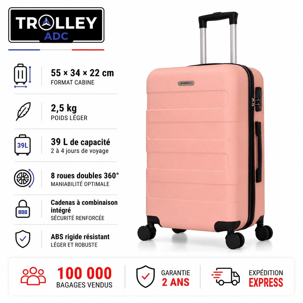Valise cabine rigide Trolley ADC 55 cm Tropic Superfly rose saumon – Image 3