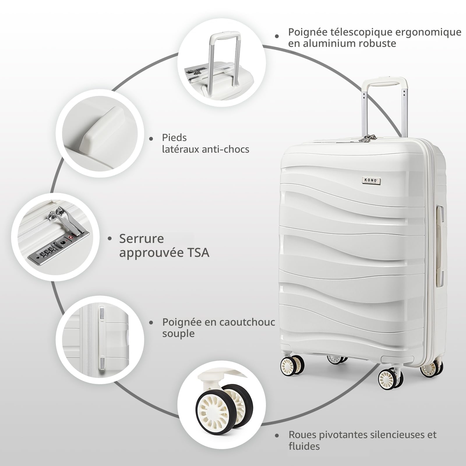 Valise grande rigide Kono 75 cm polypropylène 100L blanche TSA – Image 5