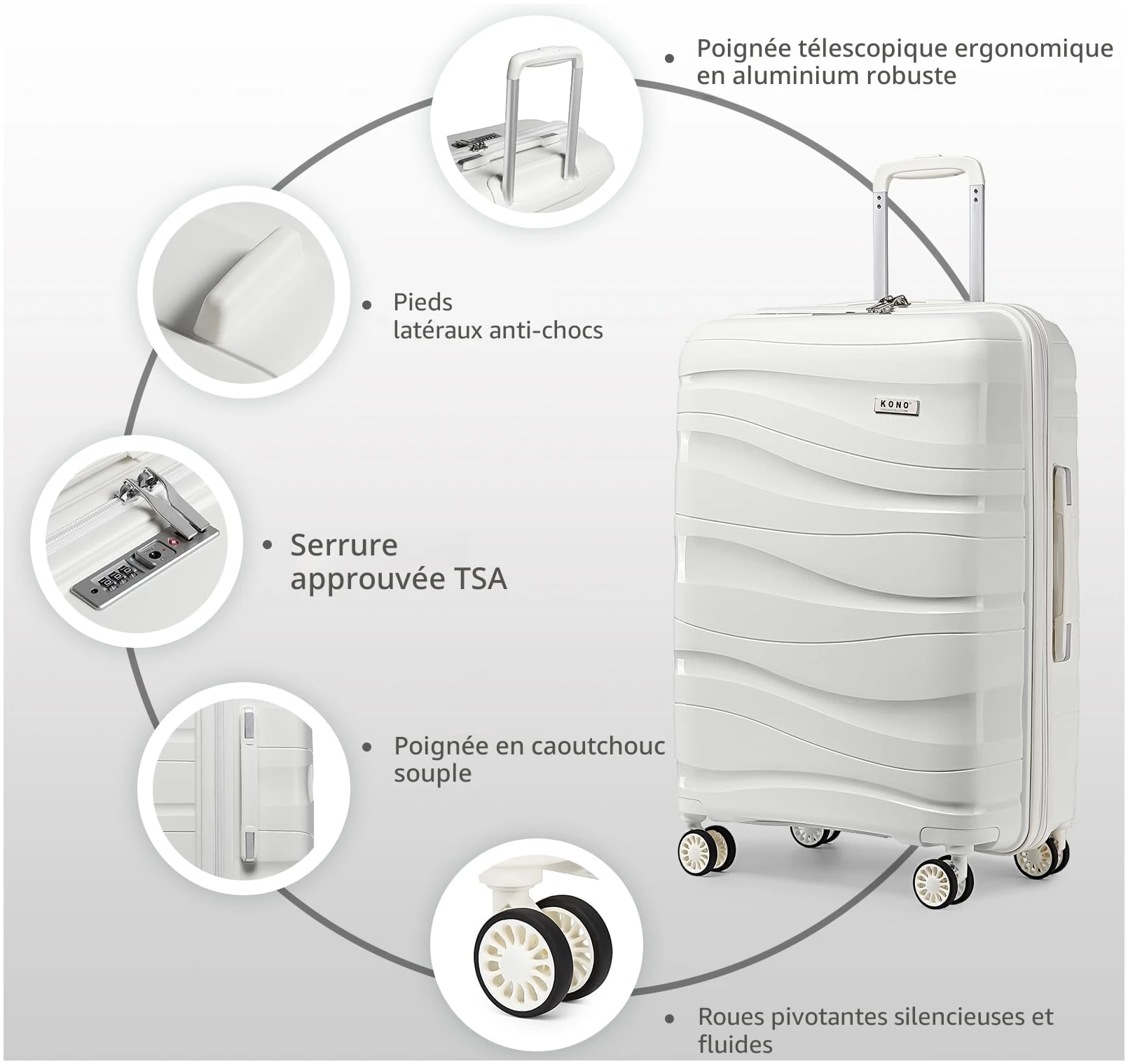 Valise grande rigide Kono 75 cm polypropylène 100L blanche TSA – Image 5