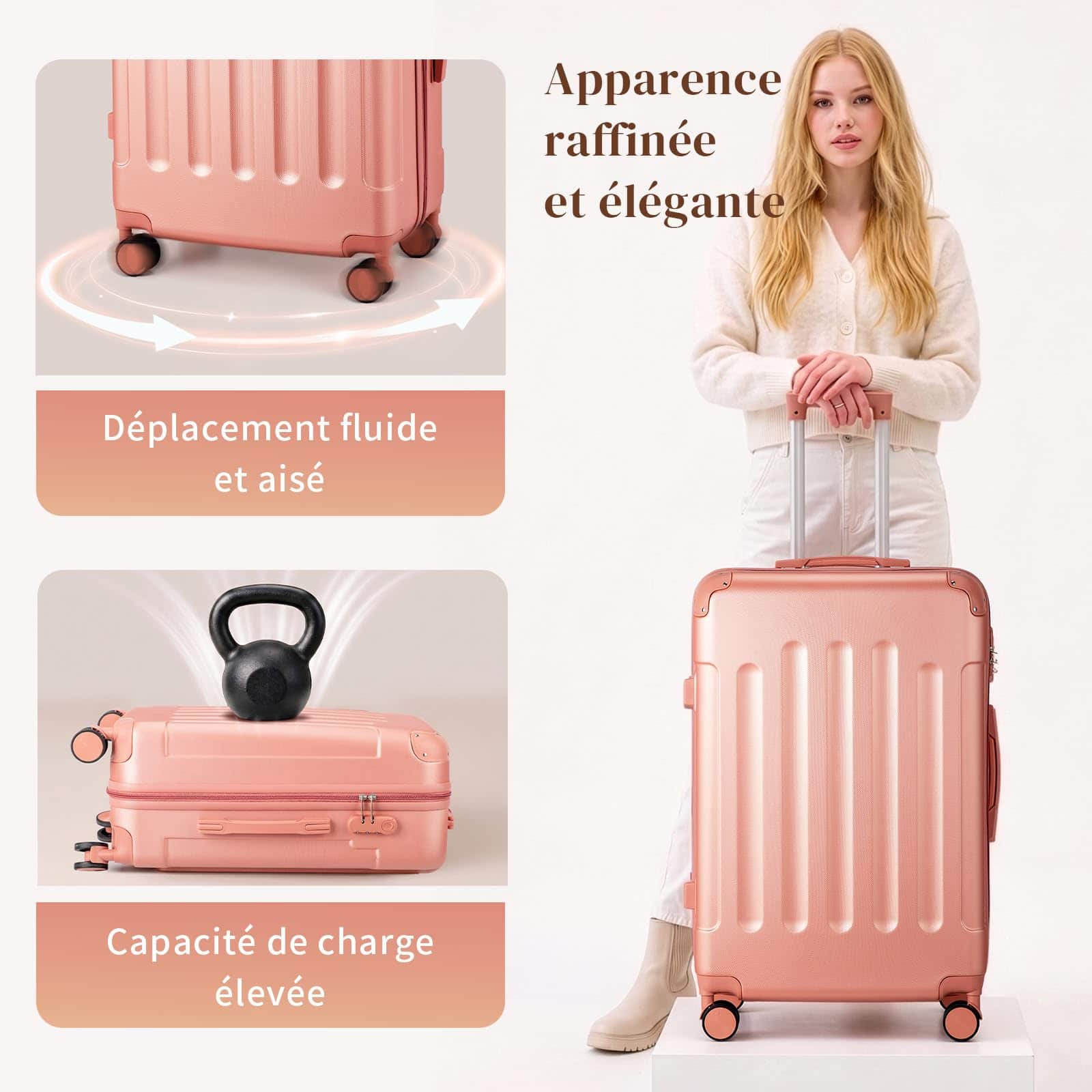 Set de 3 valises LALAHO rigides ABS avec renforts d'angle or rose – Image 5