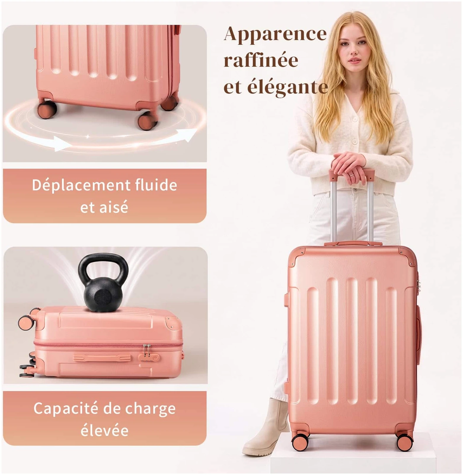 Set de 3 valises LALAHO rigides ABS avec renforts d'angle or rose – Image 5