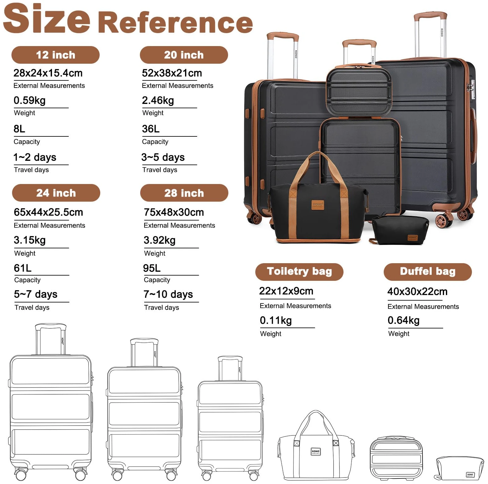 Set de 6 valises rigides Kono 55/65/74 cm avec vanity case et sac de sport – Image 3