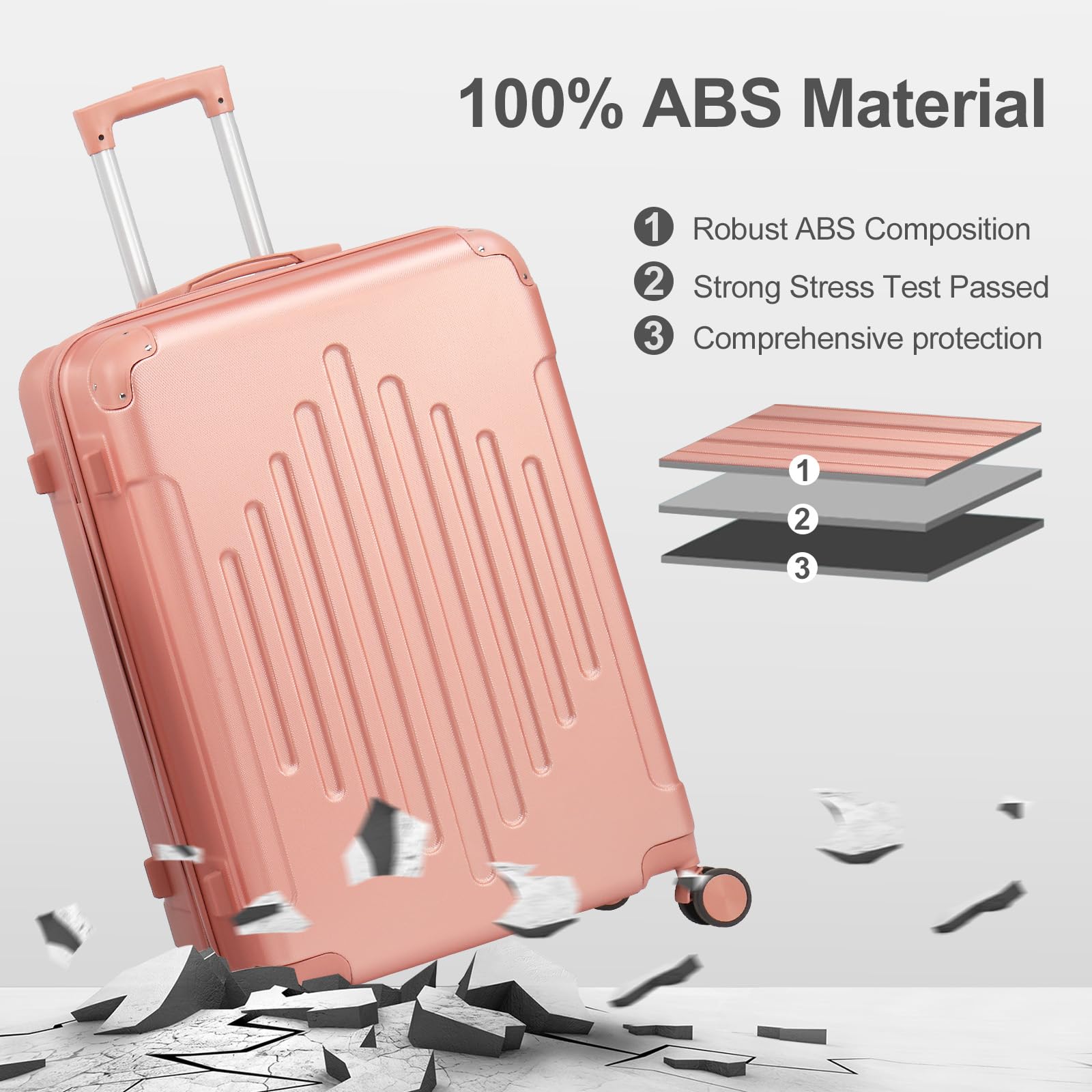 Valise cabine rigide LALAHO 55 cm ABS légère 4 roues or rose – Image 6
