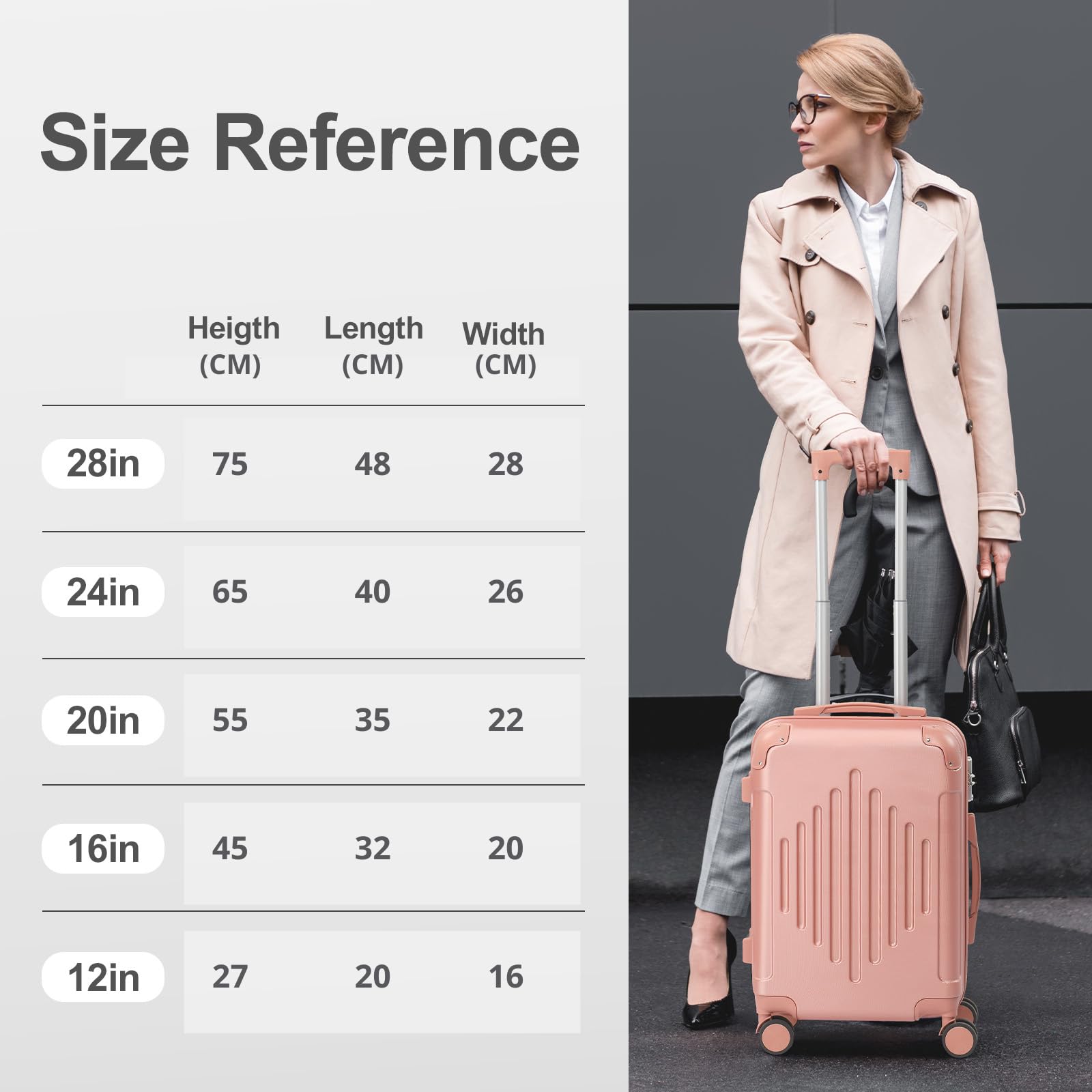 Valise cabine rigide LALAHO 55 cm ABS légère 4 roues or rose – Image 3