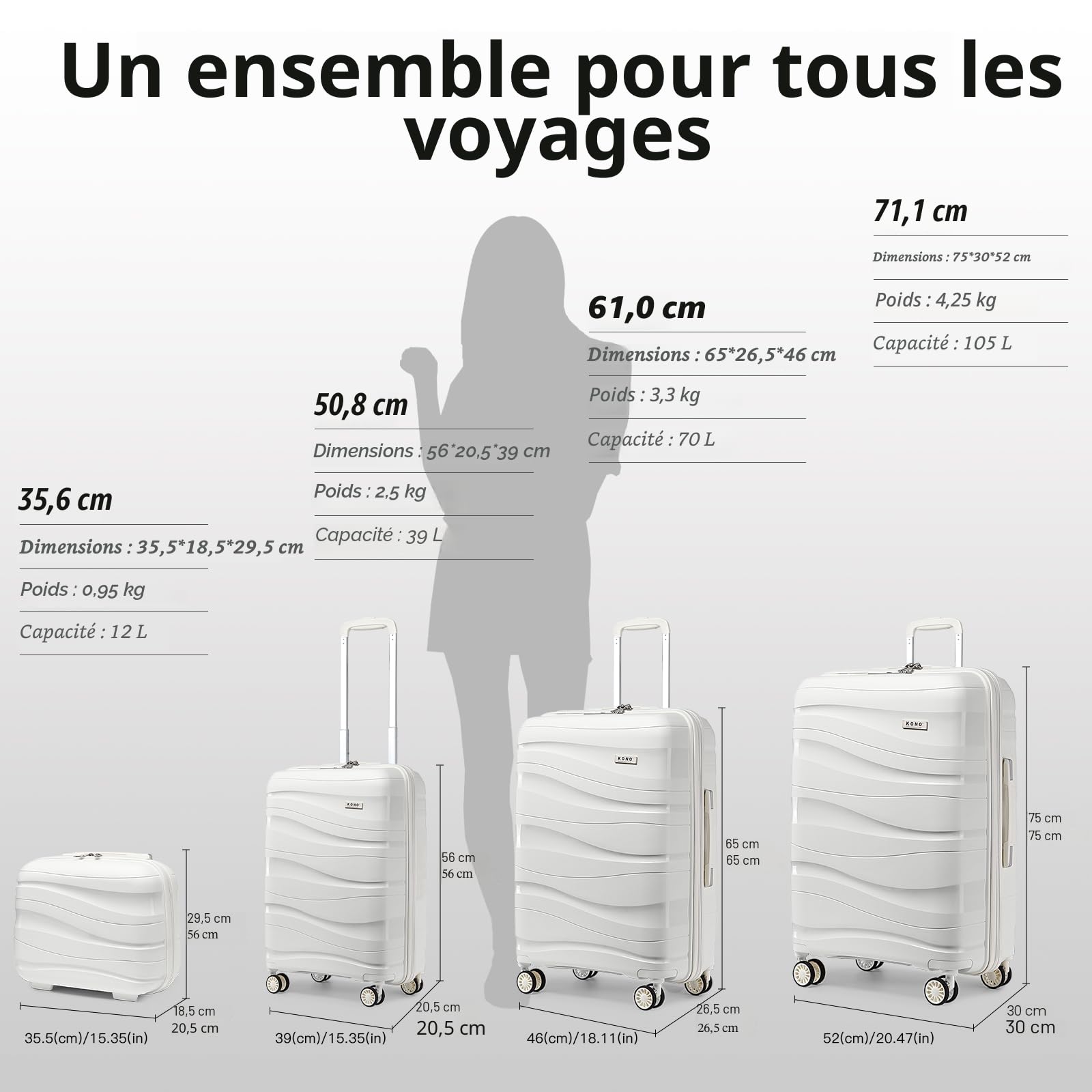 Valise grande rigide Kono 75 cm polypropylène 100L blanche TSA – Image 6