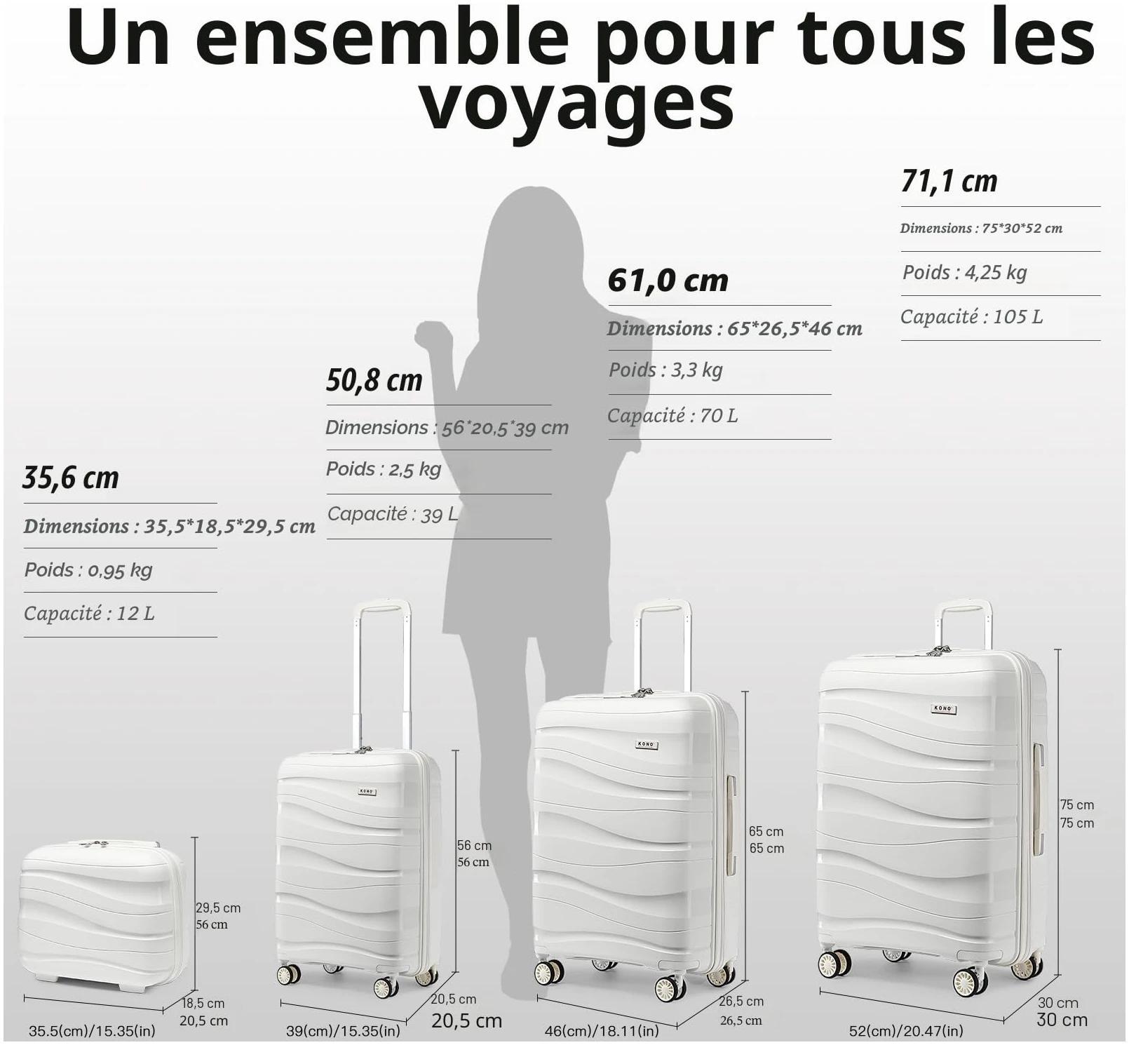 Valise grande rigide Kono 75 cm polypropylène 100L blanche TSA – Image 6