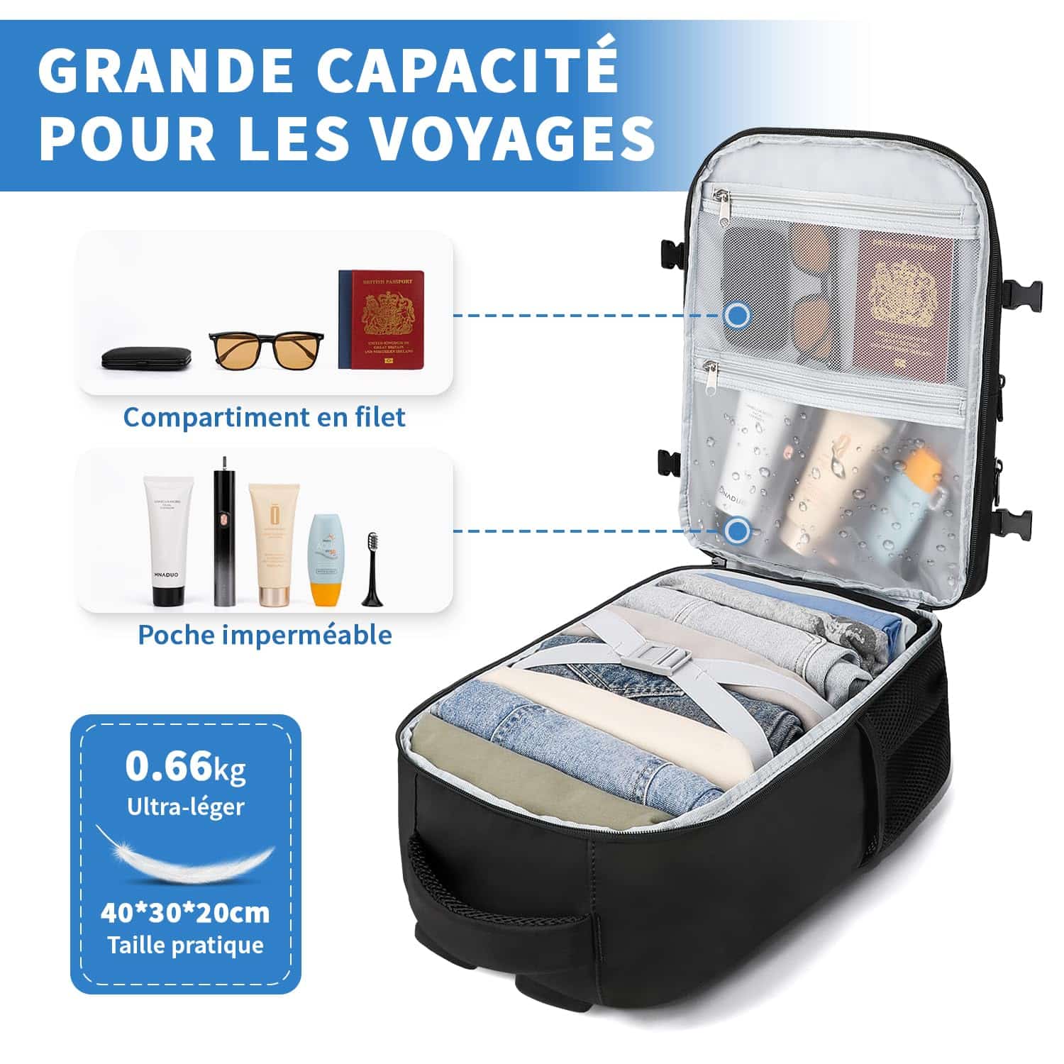 Sac à dos cabine 40x30x20 Zomfelt 24L pour PC 15 pouces – Image 5