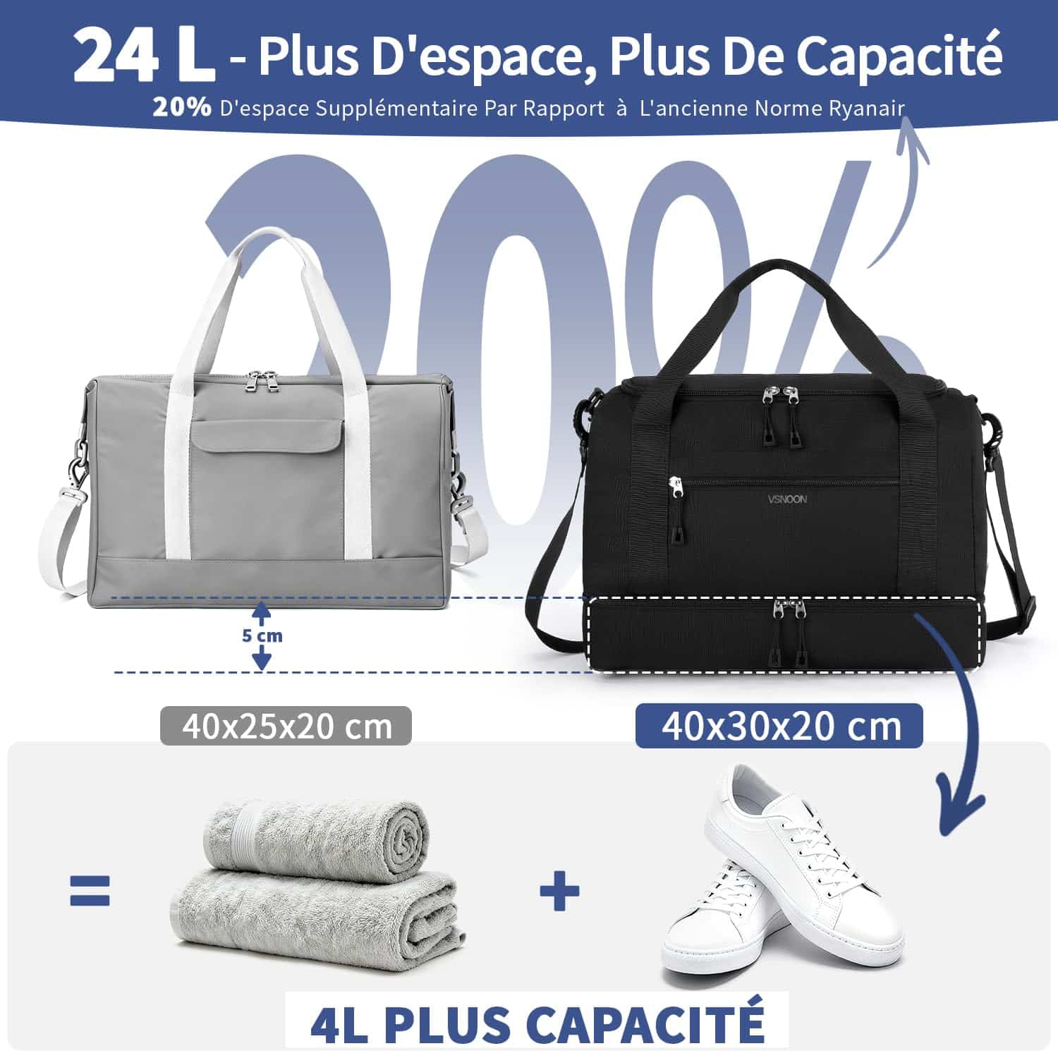 Sac de voyage cabine Vsnoon 40x30x20 pliable imperméable 24L – Image 4