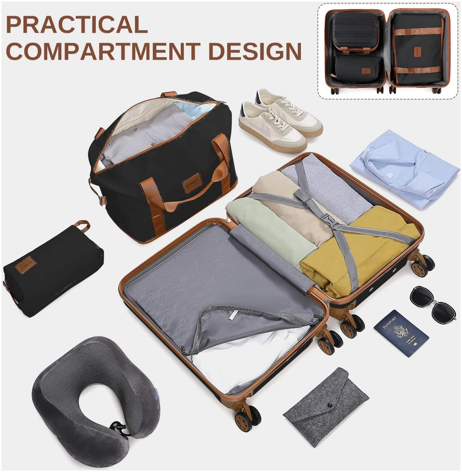 Set de 6 valises rigides Kono 55/65/74 cm avec vanity case et sac de sport – Image 4
