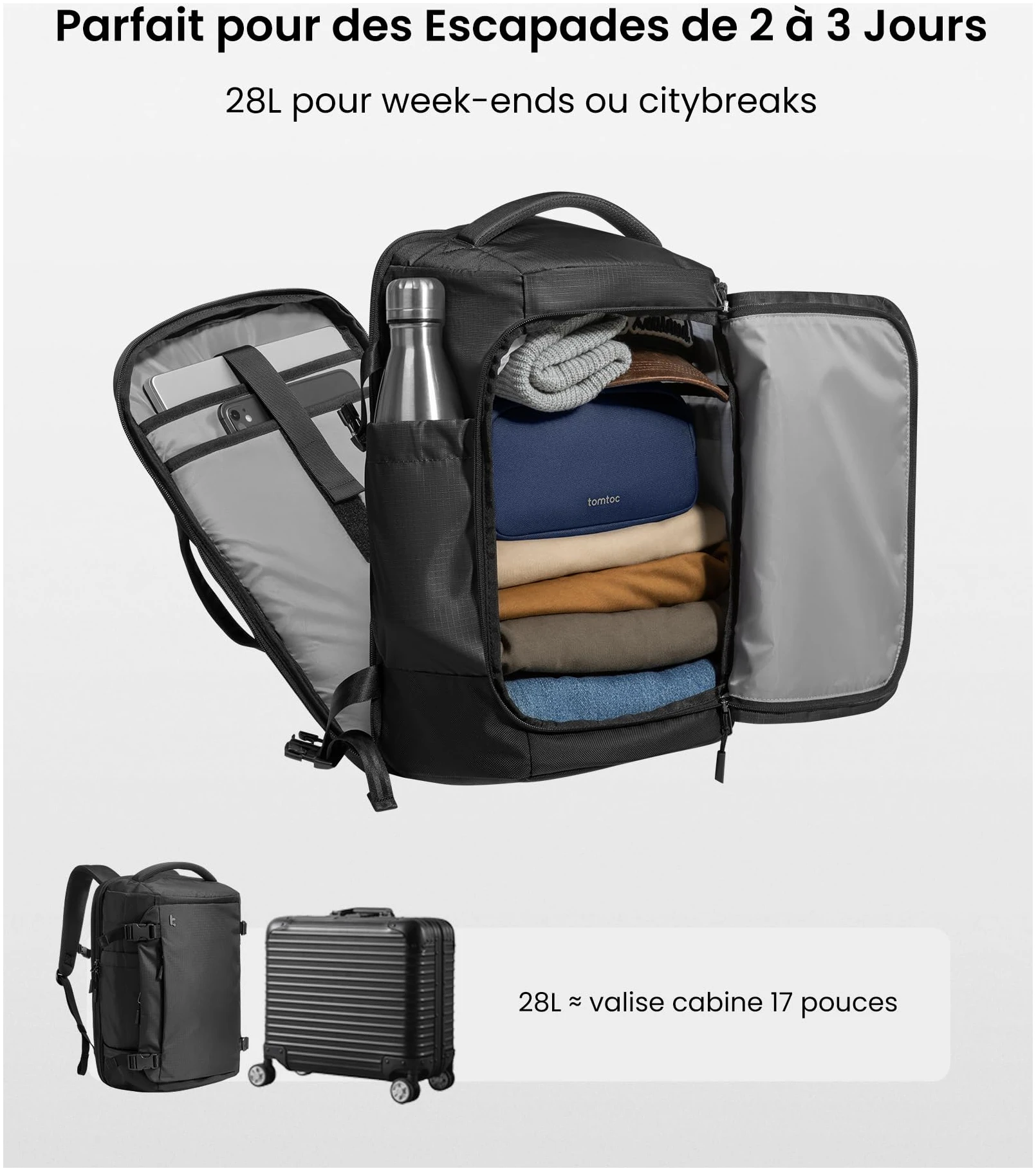 Sac à dos cabine Tomtoc 28L imperméable 45x36x20 compatible EasyJet – Image 4