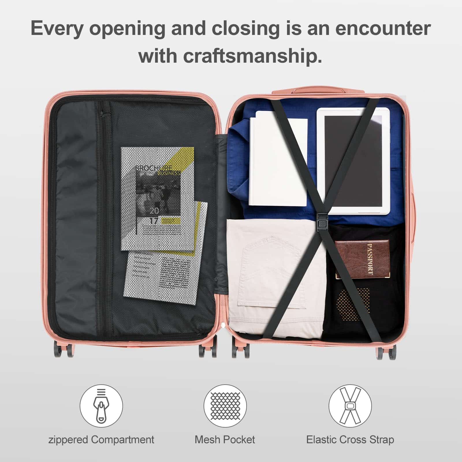 Valise cabine rigide LALAHO 55 cm ABS légère 4 roues or rose – Image 5