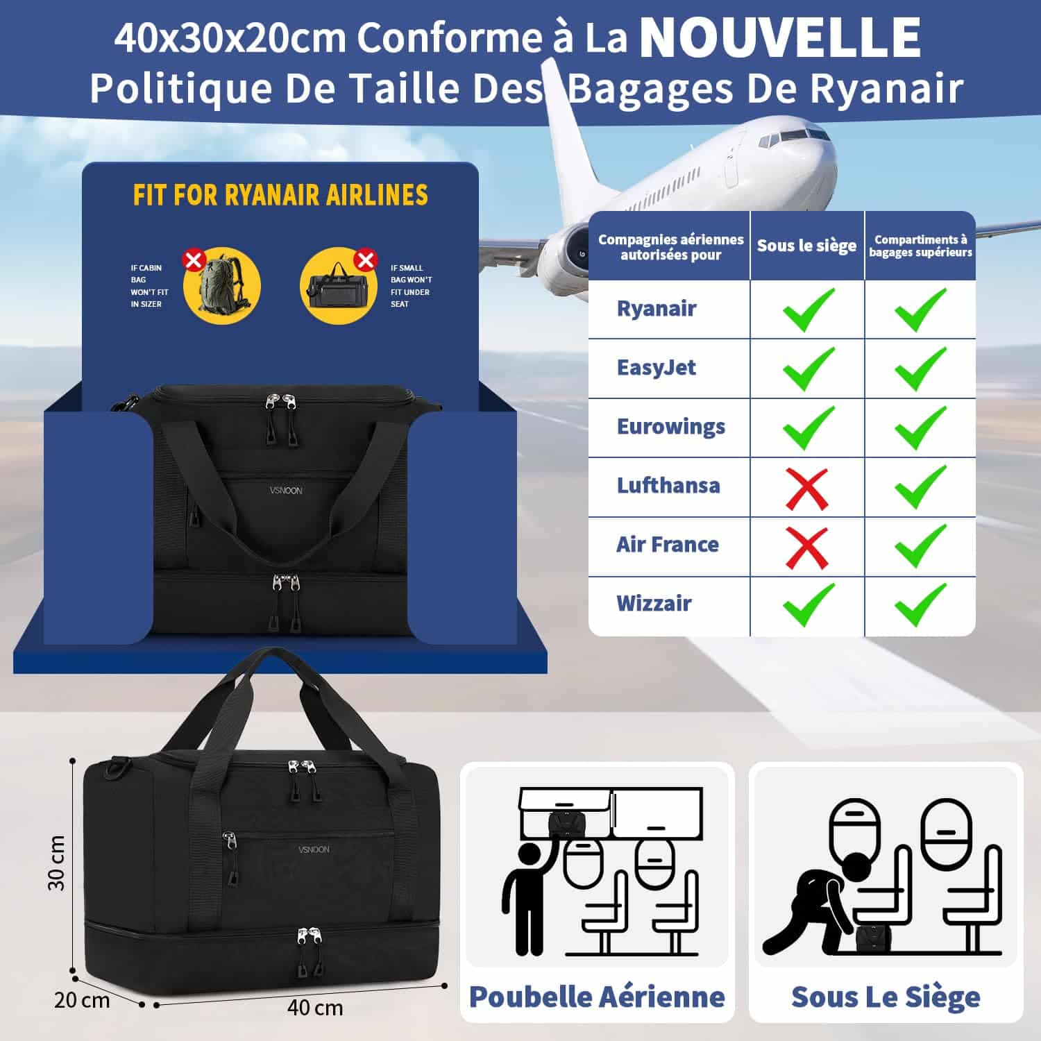 Sac de voyage cabine Vsnoon 40x30x20 pliable imperméable 24L – Image 3