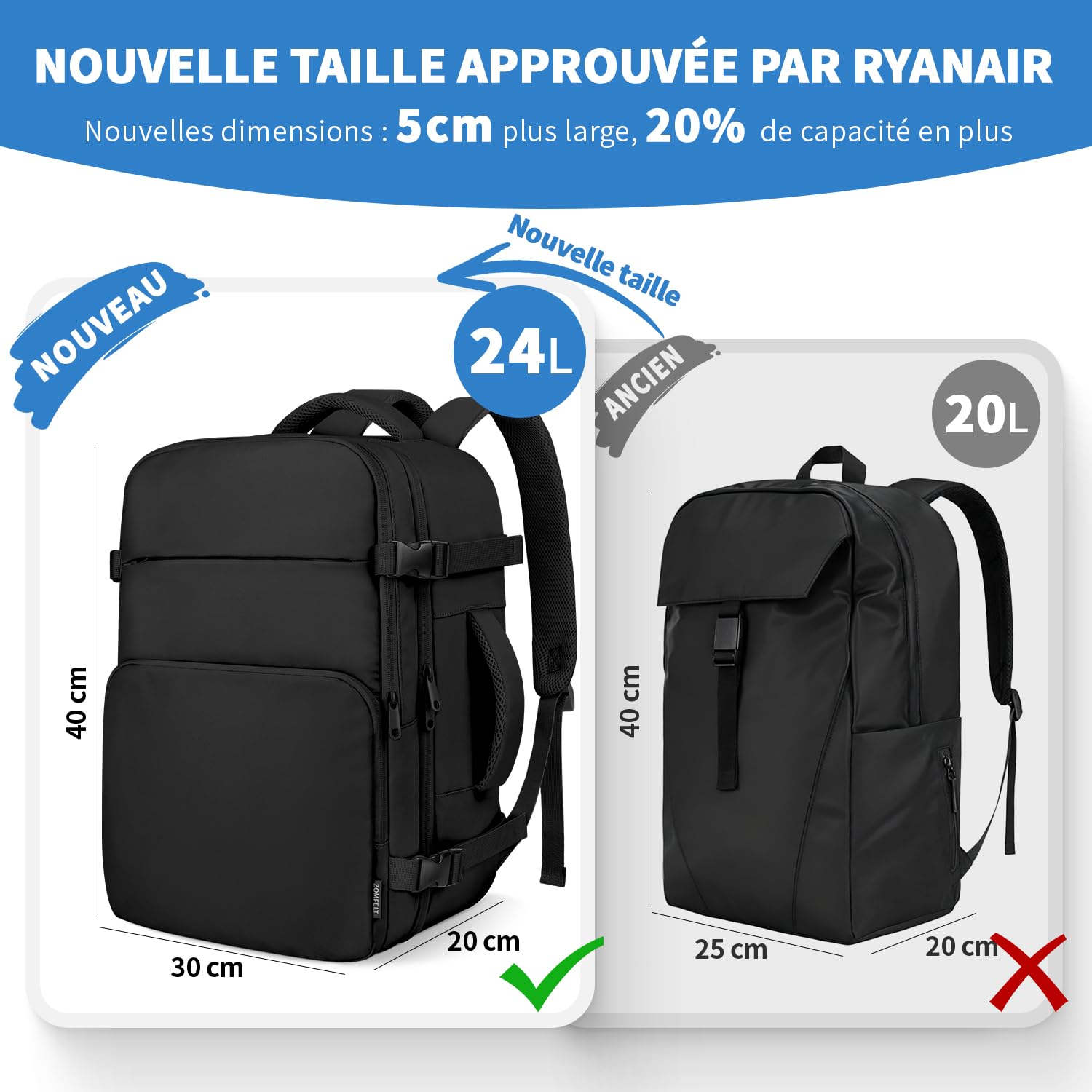 Sac à dos cabine 40x30x20 Zomfelt 24L pour PC 15 pouces – Image 3