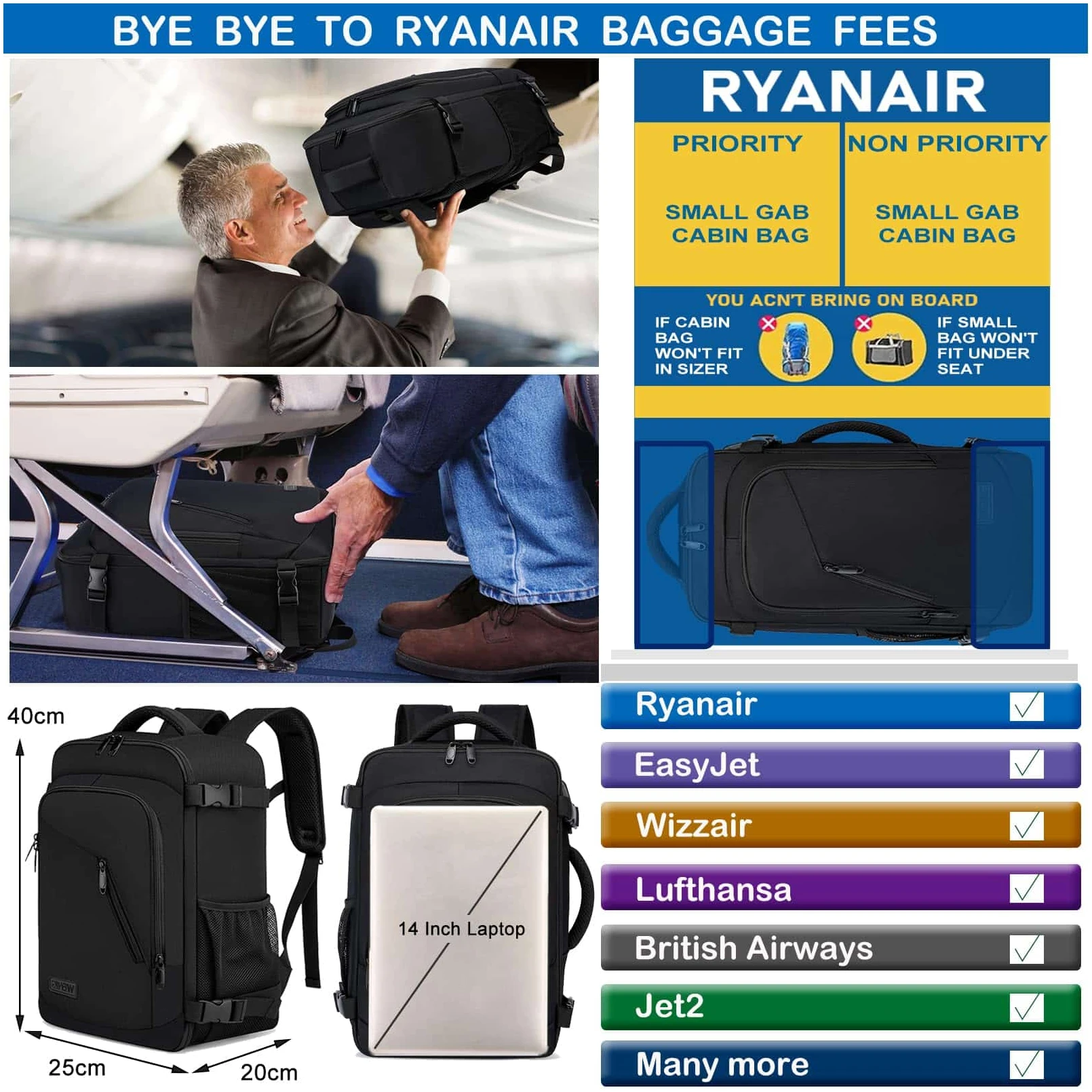 Sac à dos cabine 40x20x25 pour Ryanair 20L avec port USB – Image 3