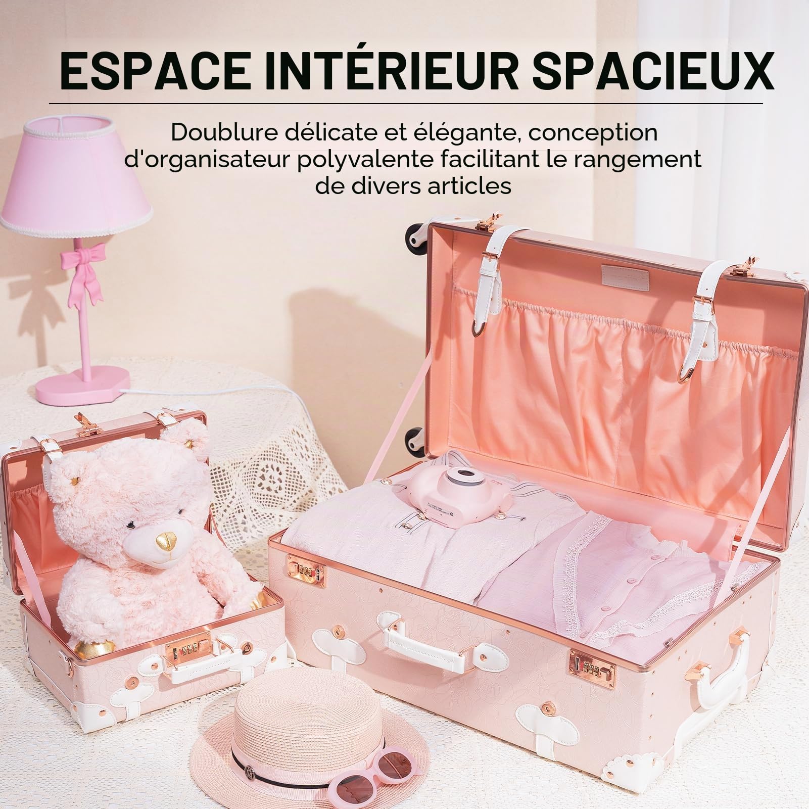 Set de 2 valises vintage Urecity rétro rose 4 roues serrure TSA – Image 4