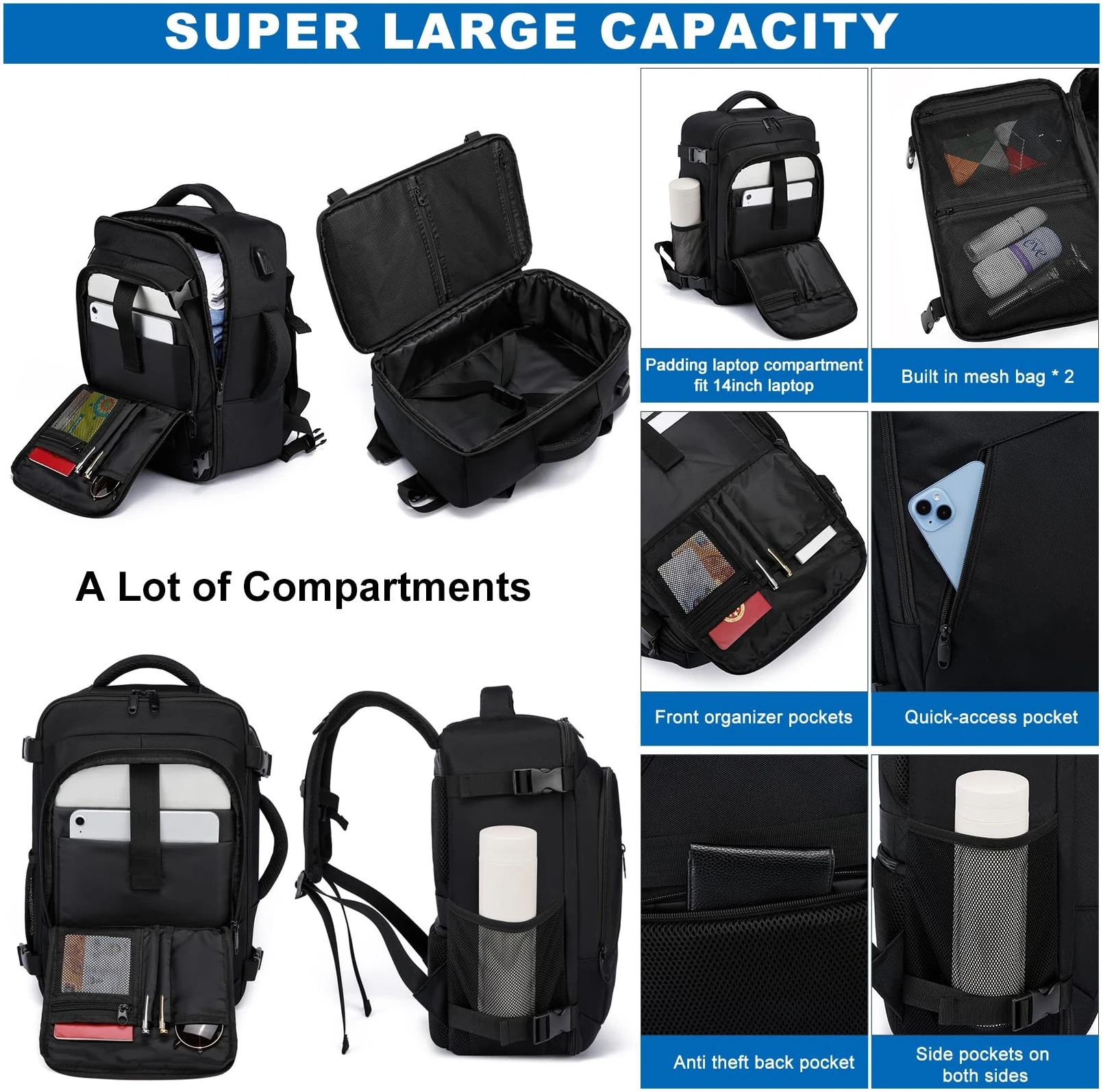 Sac à dos cabine 40x20x25 pour Ryanair 20L avec port USB – Image 4