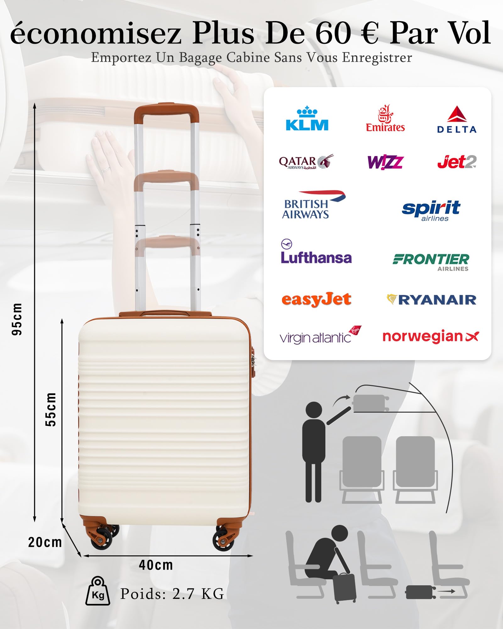 Valise cabine rigide Coolife 55x40x20 cm pour EasyJet avec serrure TSA – Image 3