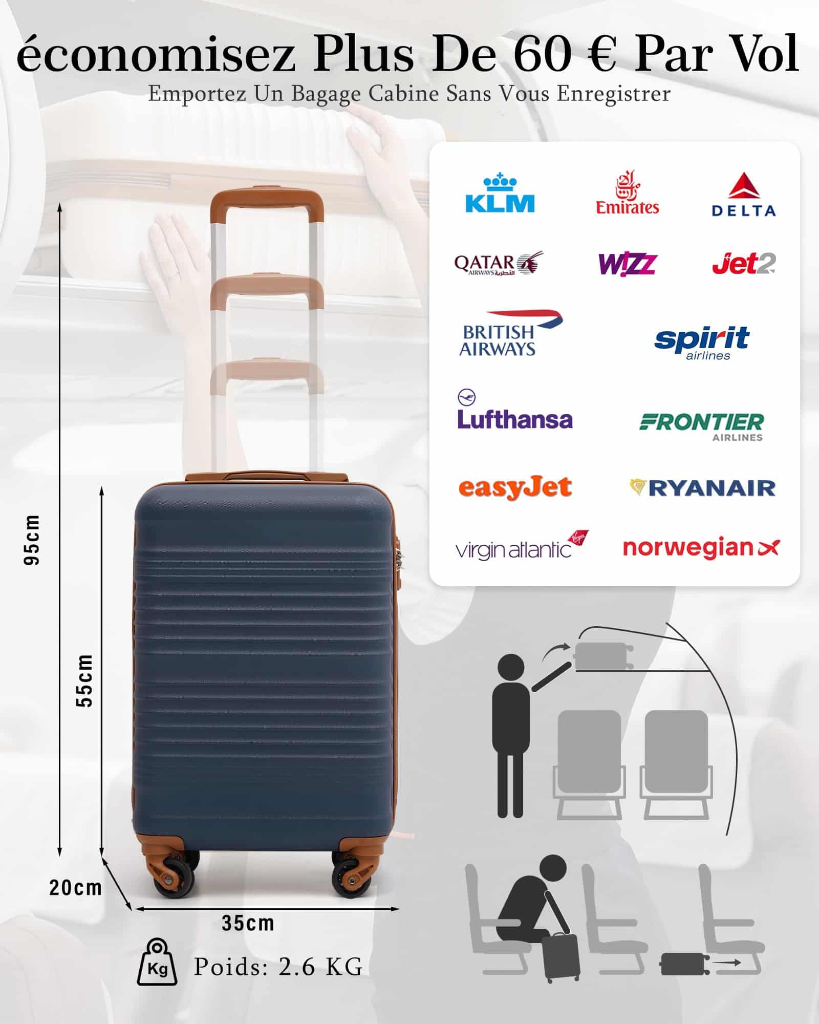 Valise cabine rigide Coolife 55x35x20 cm compatible Ryanair avec serrure TSA – Image 3