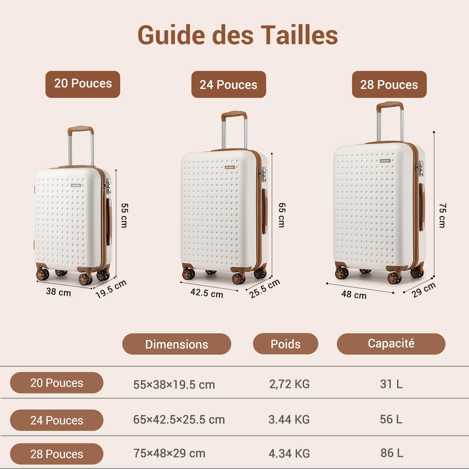 Valise moyenne rigide Kono 65 cm ABS+PC légère avec serrure TSA – Image 4